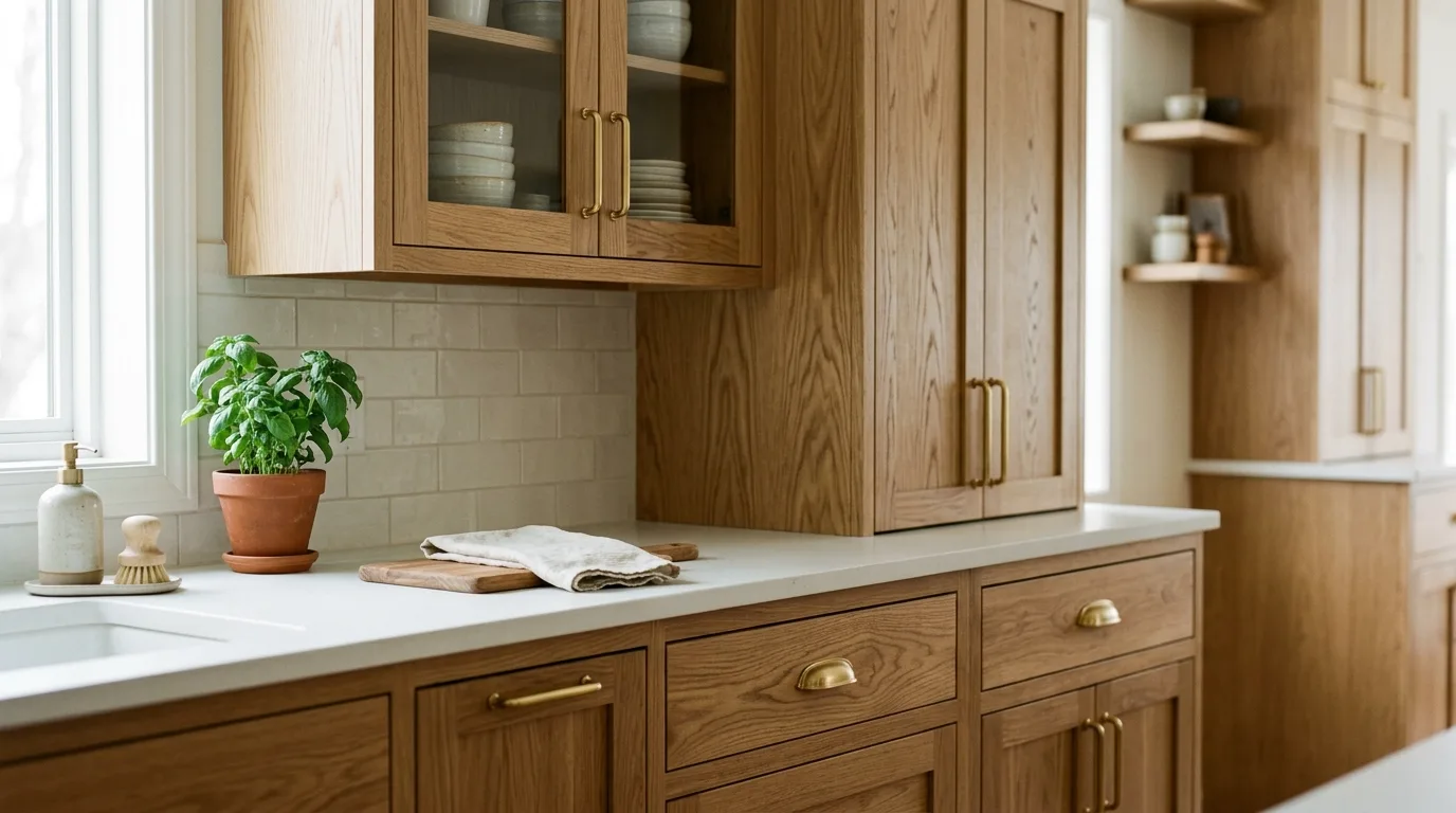 Keep the white tone creamy rather than cold inspiration for a warm white and white oak kitchen.